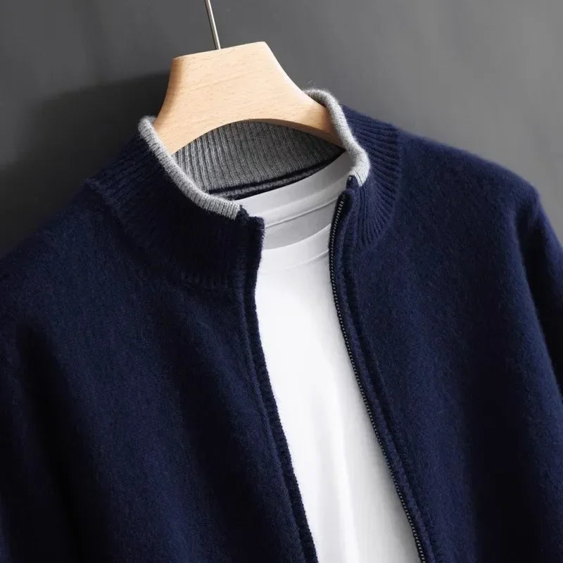 Men's wool blend mock neck zip-up knit jacket regular fit with ribbed trim in classic winter style