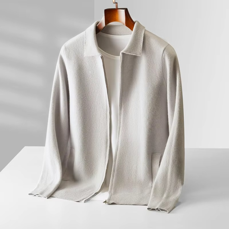Men's gray wool cardigan sweater classic knit lapel tailored fit timeless warmth