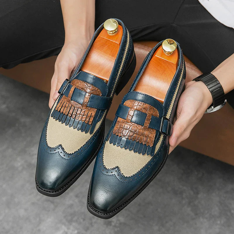 Men's brown premium leather slip-on brogue dress shoe with fringe tassel detail and glossy finish