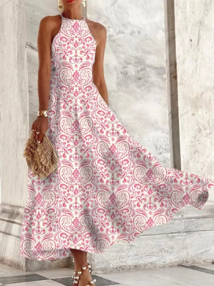 Women's elegant sleeveless halter maxi dress, backless design, lightweight summer evening wear