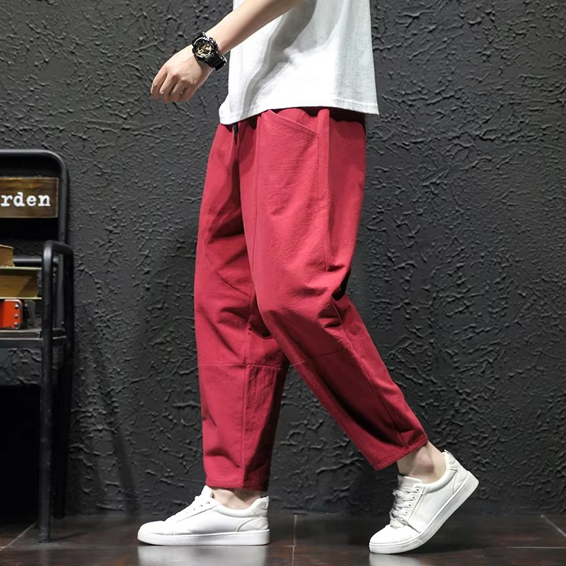 Men's loose cropped cotton pants Japanese street style breathable casual summer fit available up to 5XL