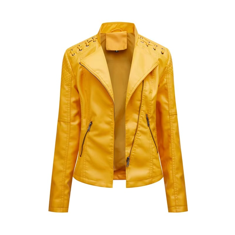 Women's black PU leather motorcycle jacket slim fit short zip-up with bold biker style
