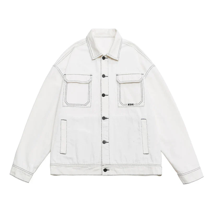 Black oversized cotton denim jacket with white stitch embroidery and multi-pocket casual fit