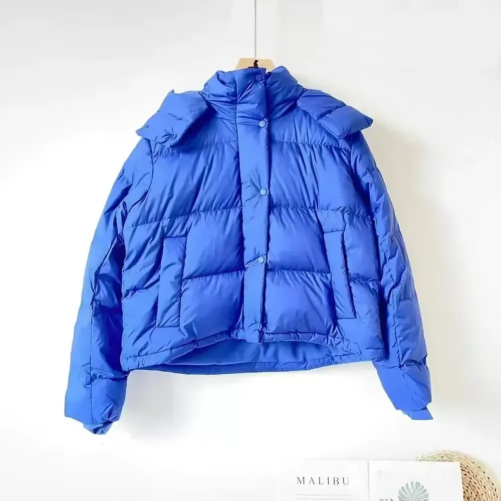 Women's black puffer down jacket detachable hood thickened insulation city chic winter coat