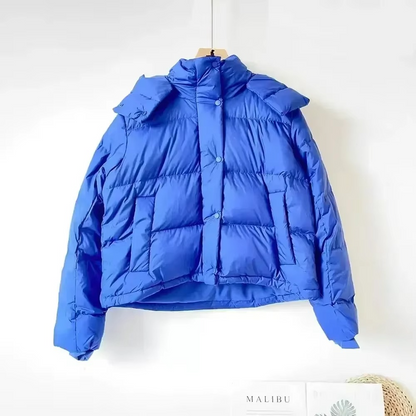 Women's black puffer down jacket detachable hood thickened insulation city chic winter coat
