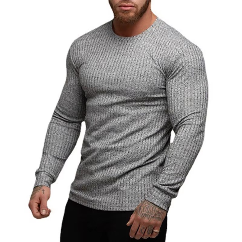 Men's gray quick-dry knit long sleeve fitness shirt with moisture-wicking athletic slim fit