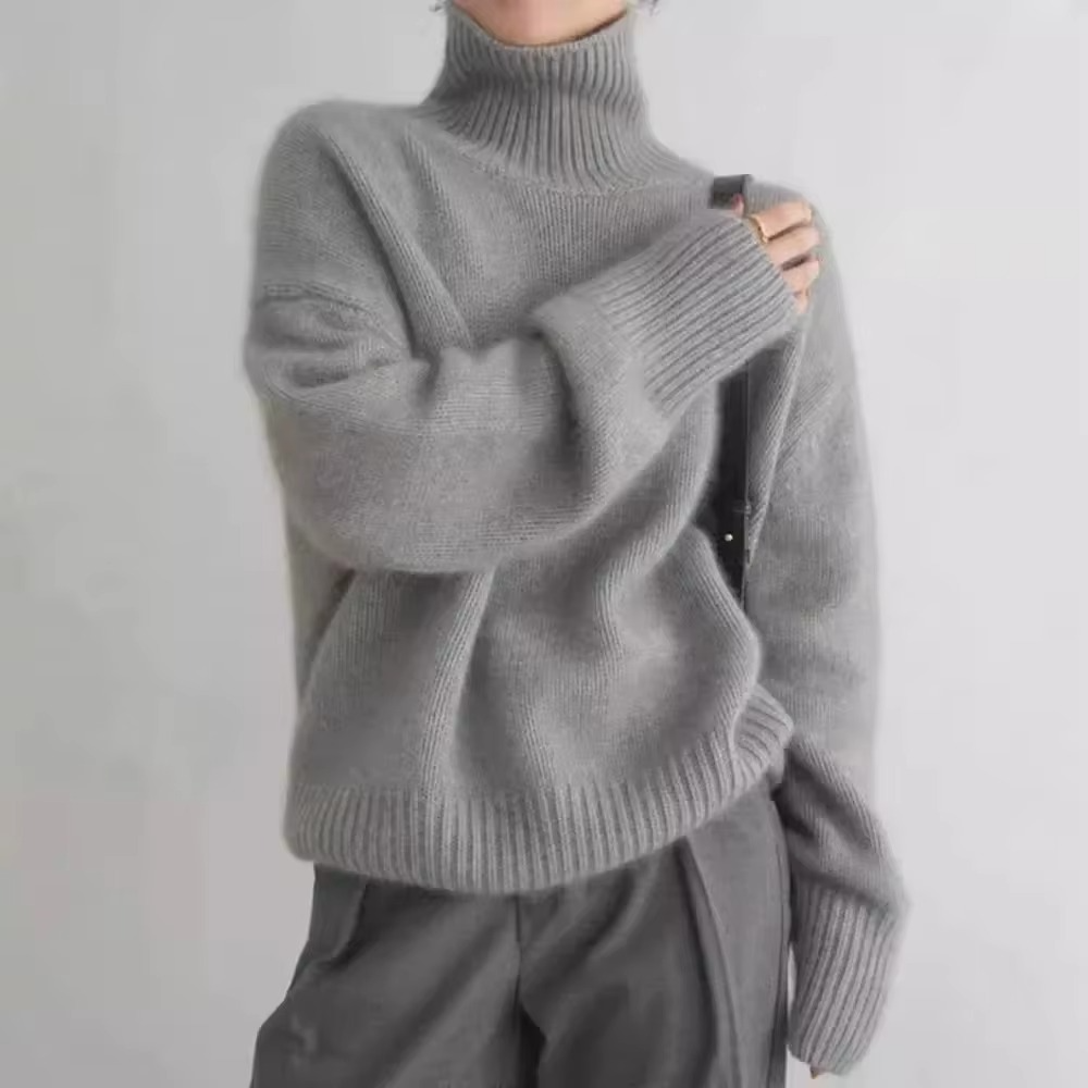 Women's high neck loose fit knit sweater cozy relaxed silhouette autumn polyester blend