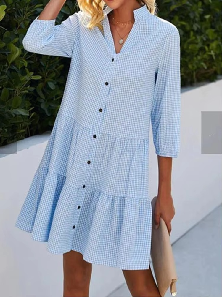 Women's plaid v-neck long sleeve mini shirt dress in lightweight woven fabric for spring and fall