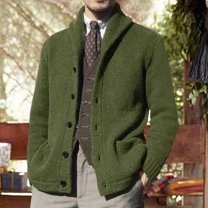 Men's classic knit cardigan with shawl collar, button closure, pockets, acrylic wool blend