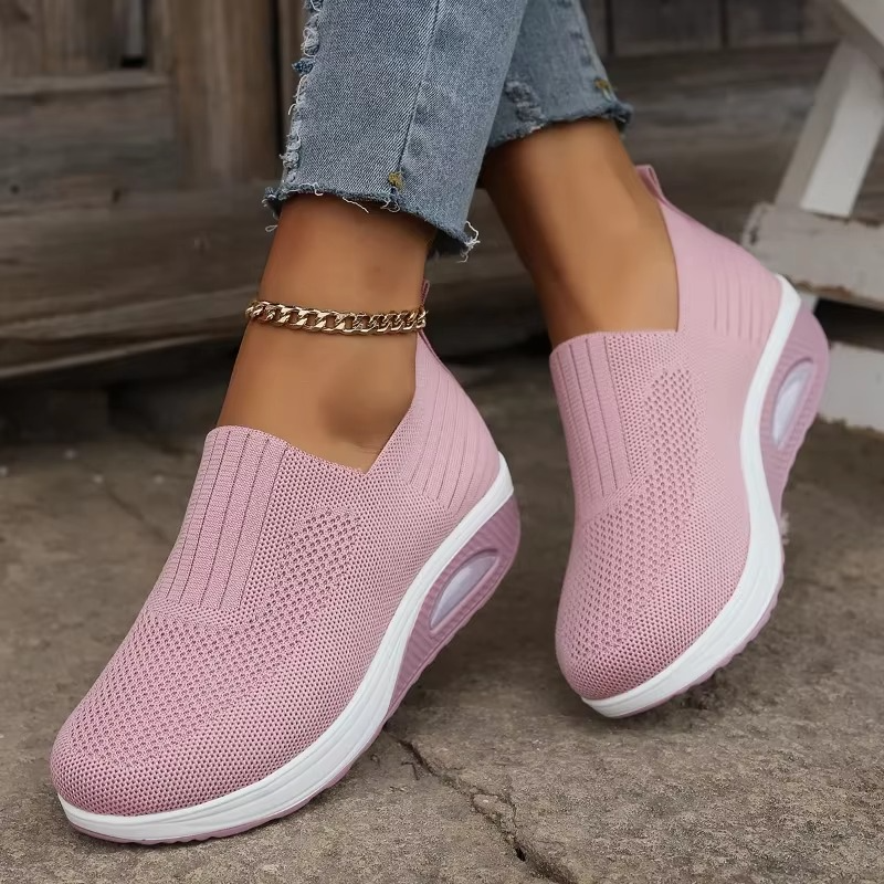 Women's beige comfort wedge mules with breathable mesh upper and air cushion non-slip sole