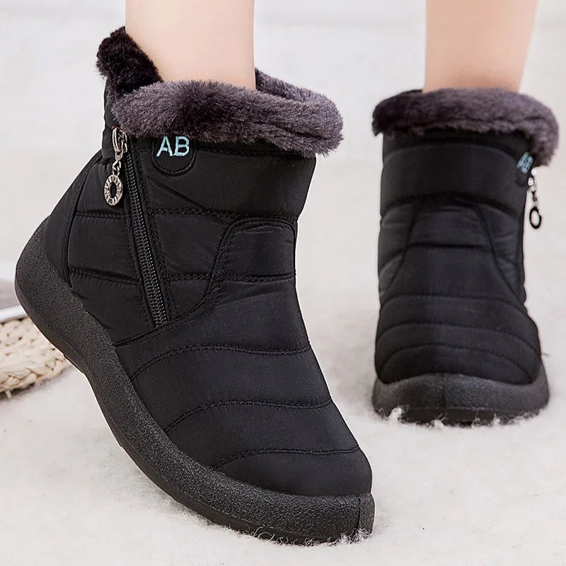 Women's mid-calf snow boots, water-resistant faux fur lined with side zipper for easy winter wear