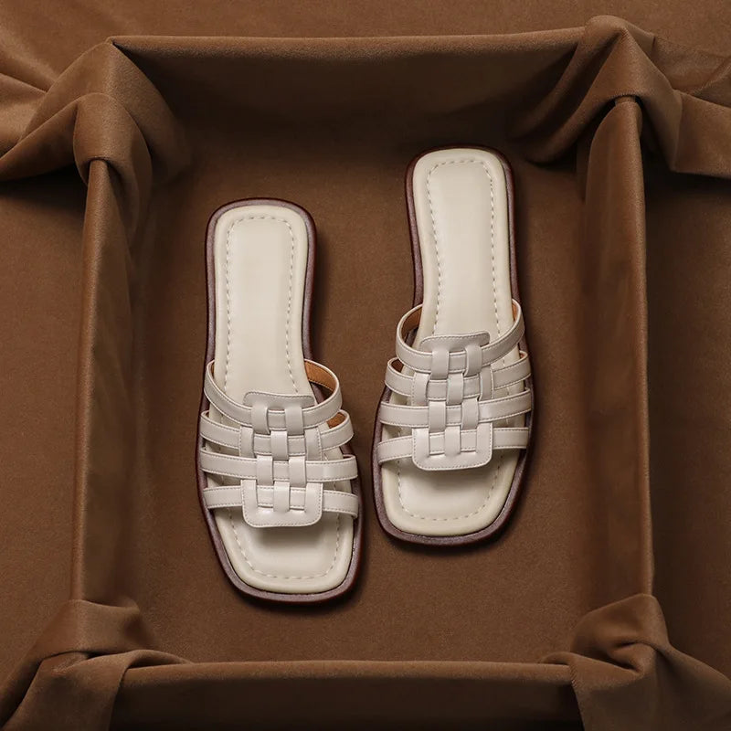 Women's woven Italian leather slippers, square-toe low heel, artisanal textured straps