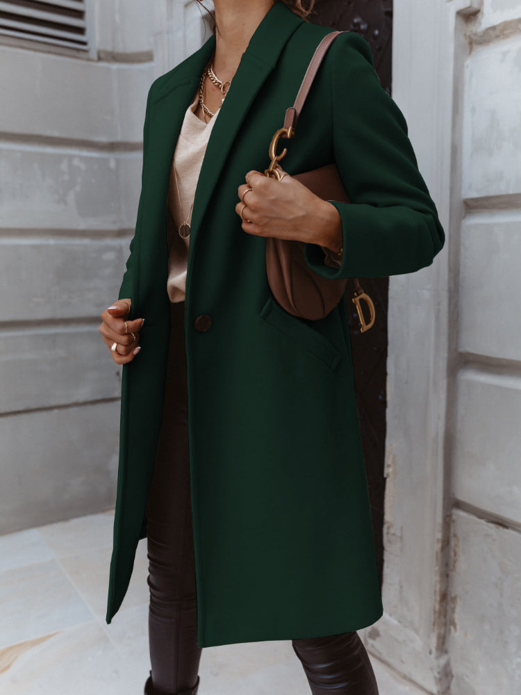 Women's double-breasted longline coat structured silhouette versatile layering essential for modern styling