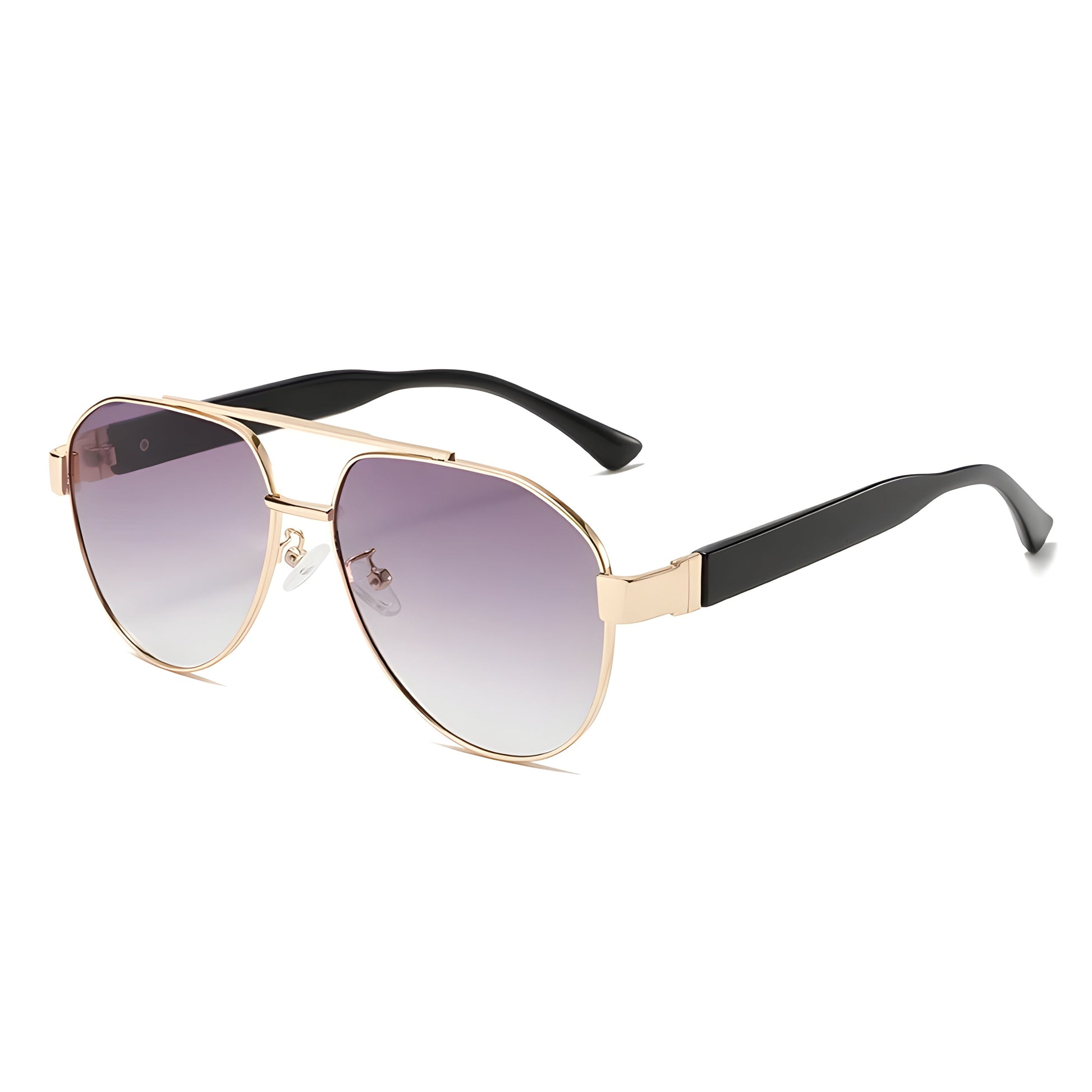 Gold-plated aviator sunglasses with gradient tinted teardrop lenses and double bridge black temples