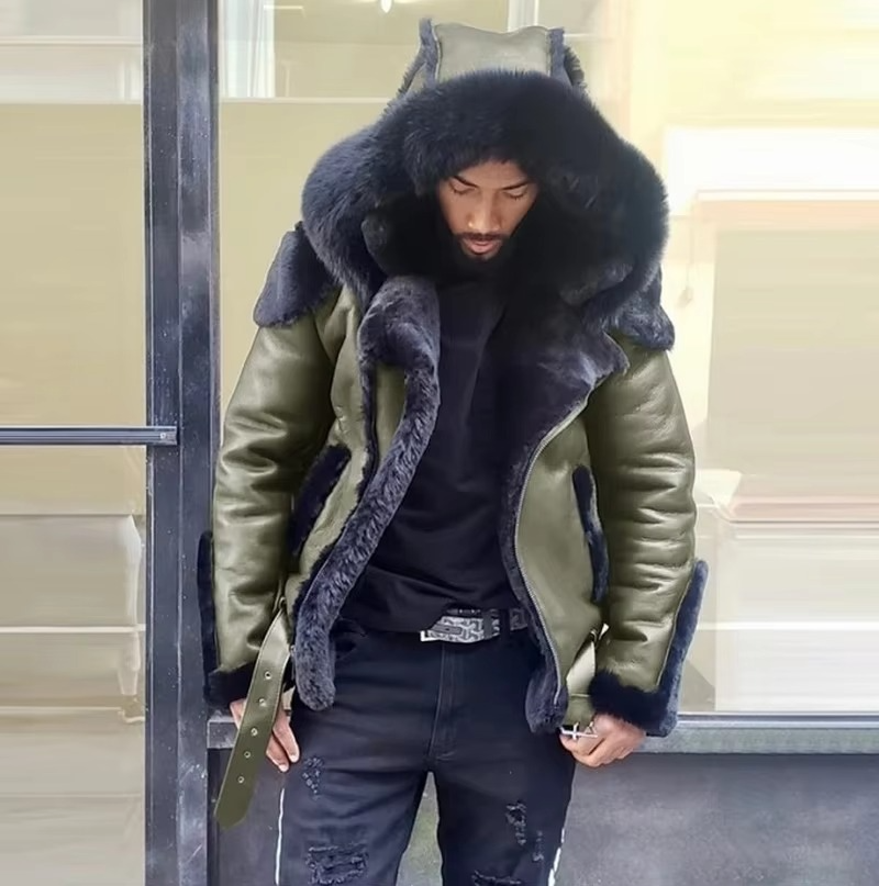 Men's black heavyweight leather jacket with faux fur collar and warm wool lining for winter