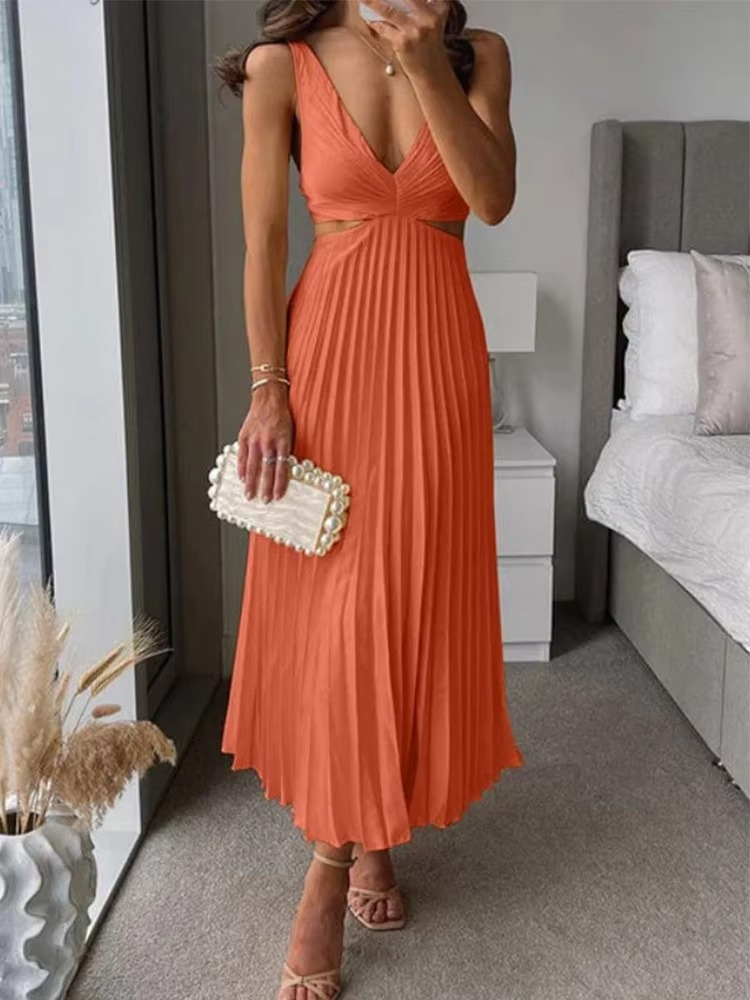 Elegant sleeveless maxi dress deep V neck pleated high waist summer style in soft breathable fabric