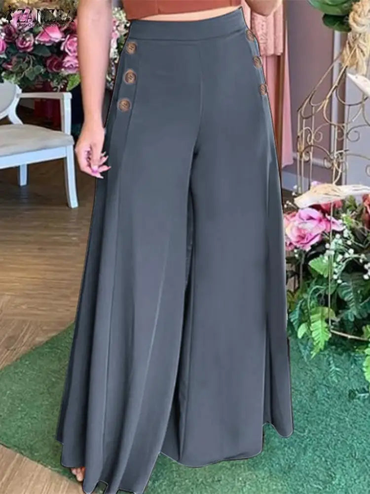 Women's high-waisted loose fit palazzo pants with elegant button detail, relaxed silhouette