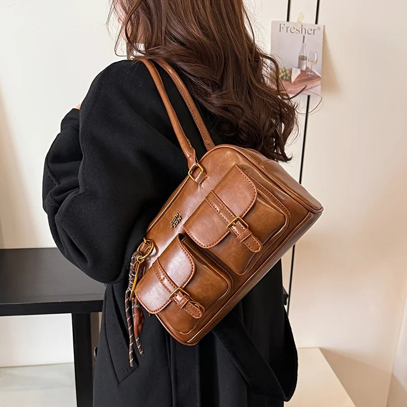 Wavlynn Katherine structured vegan leather shoulder bag with dual top handles, medium rectangular silhouette