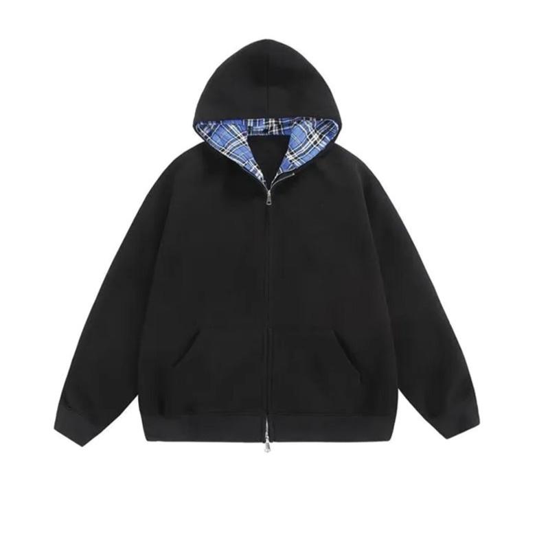 Black oversized double-layer hoodie jacket with zipper closure and two-piece design for men