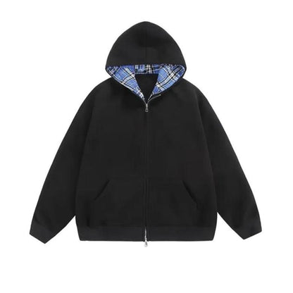 Black oversized double-layer hoodie jacket with zipper closure and two-piece design for men