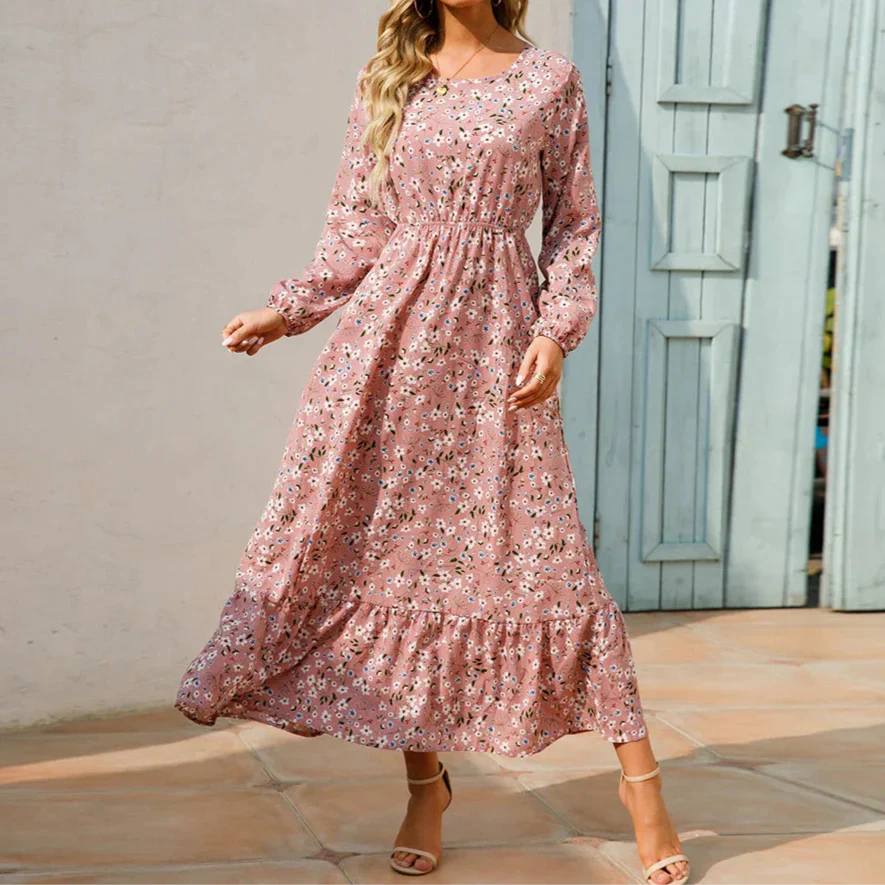 Floral maxi dress elegant flowing silhouette soft tones flattering fit modest women's summer style