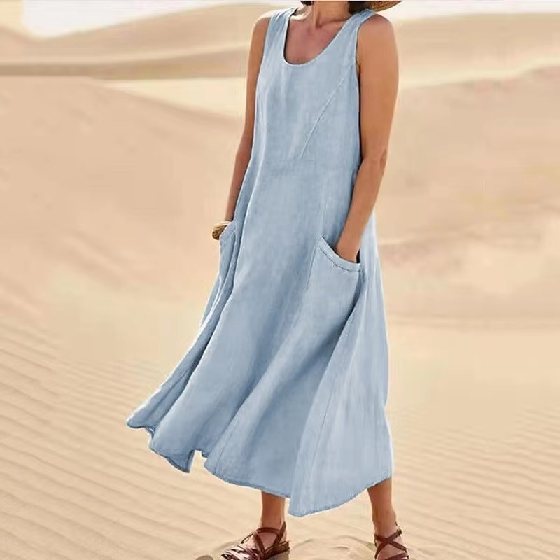 Women's beige cotton linen sleeveless maxi sundress, loose fit with pockets, breezy beach style