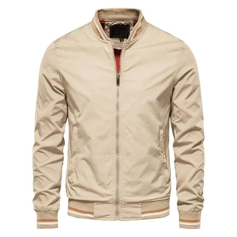Men's olive green regular fit bomber jacket with ribbed trim and striped accent details