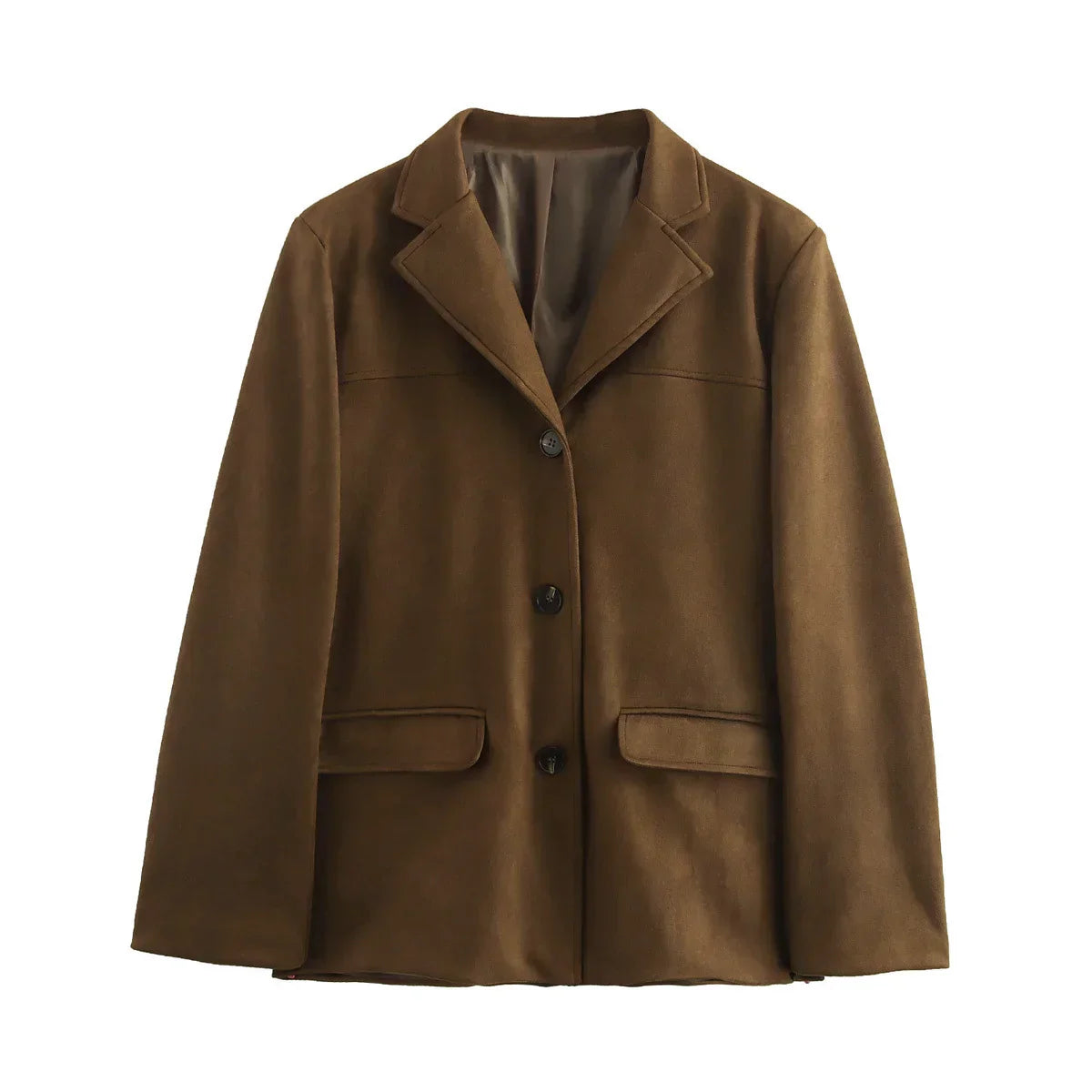 Women's oversized button-down jacket in neutral tones, relaxed fit with classic front placket