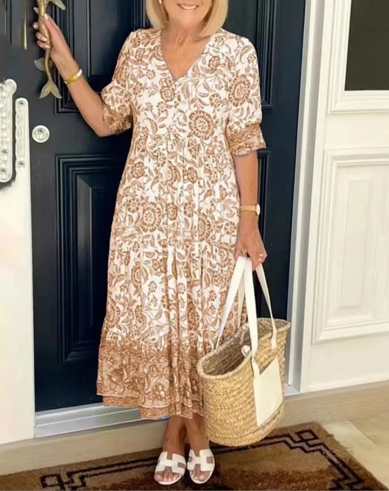 Elegant floral midi dress V-neck flowing silhouette romantic spring print feminine style