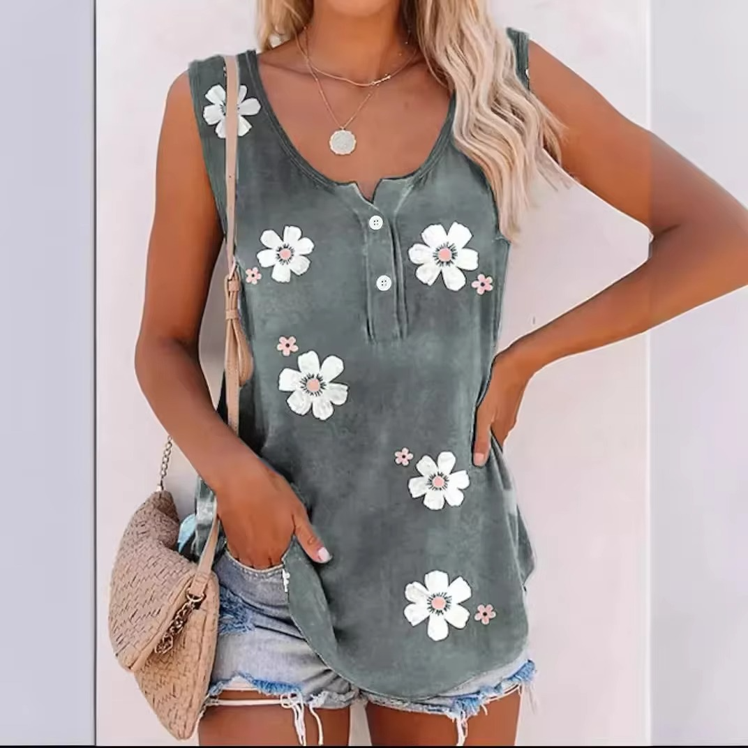 Floral print sleeveless women's casual vest, round neck, lightweight breezy summer style