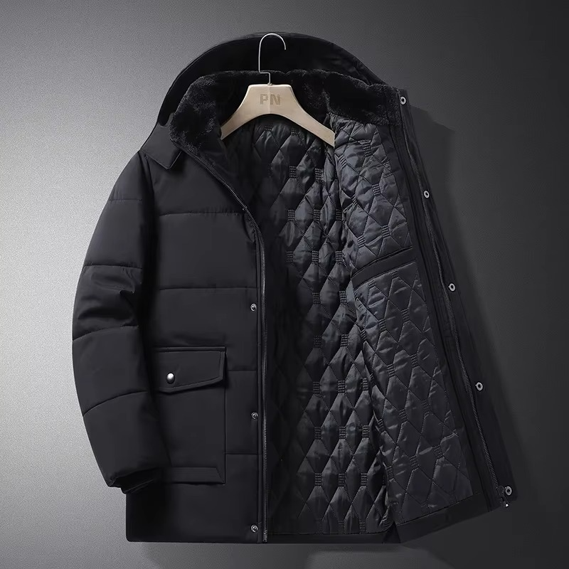 Men's black thick fleece winter parka with adjustable hood and insulated quilted liner