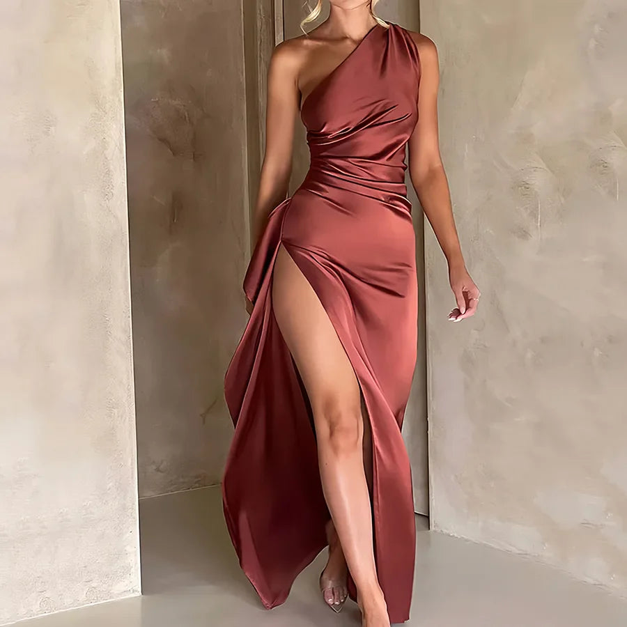Lily one-shoulder satin dress with ruched waist, sleek formal silhouette in asymmetric neckline style