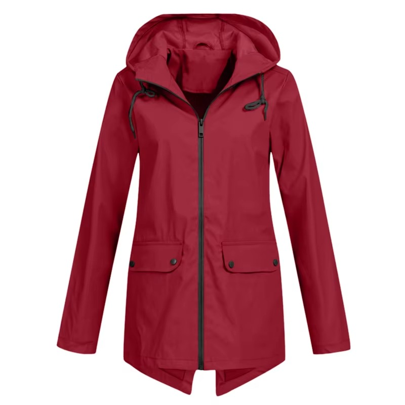 Women's waterproof hooded trench coat in neutral tone, velvet-lined windbreaker with belted waist