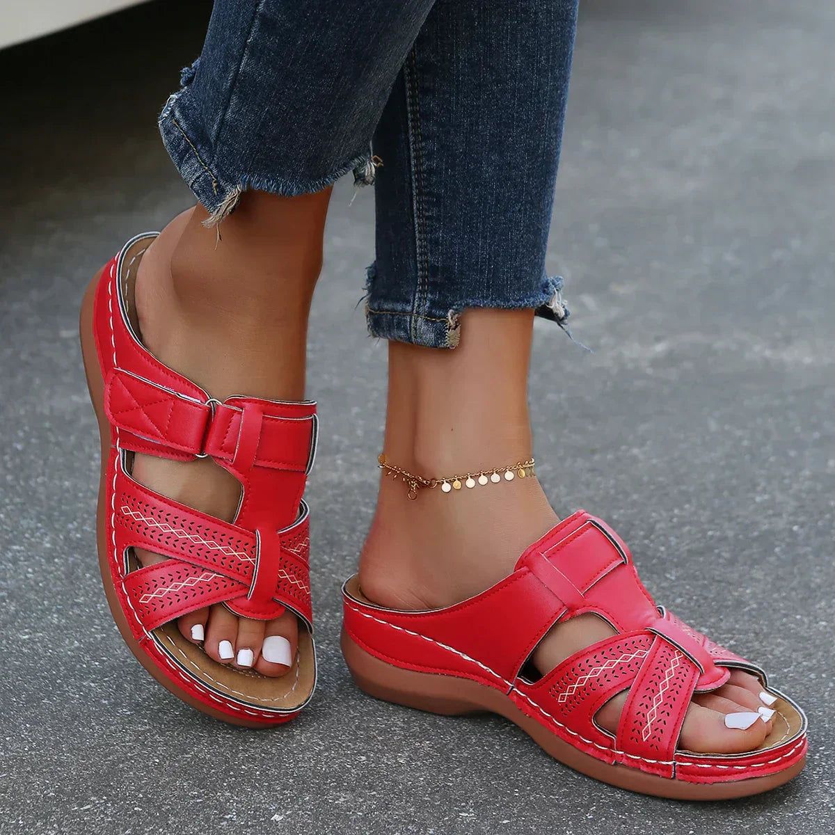 Women's comfort cushioned wedge sandals in neutral tones with contoured footbed and elegant lift
