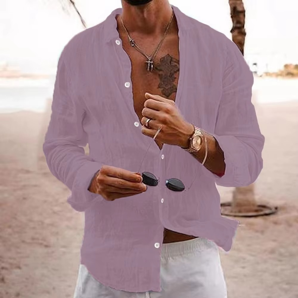 Men's white cotton linen casual shirt loose fit breathable lightweight vacation everyday wear