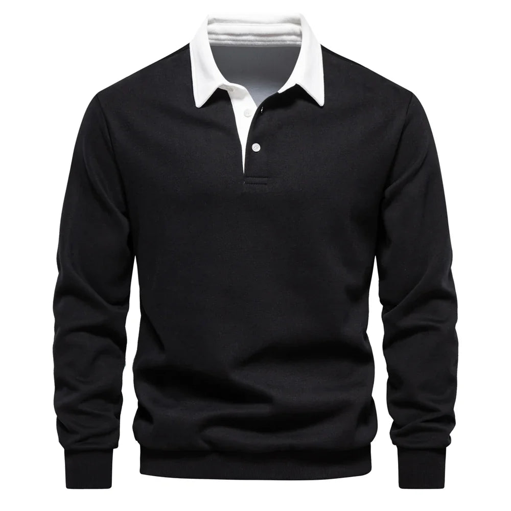 Navy cotton knit polo pullover sweater with white contrast collar, classic smart-casual menswear