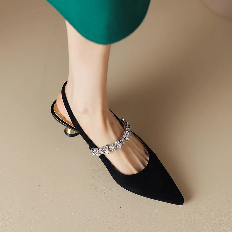Women's metallic slingback pumps pointed toe with crystal-embellished instep strap heels