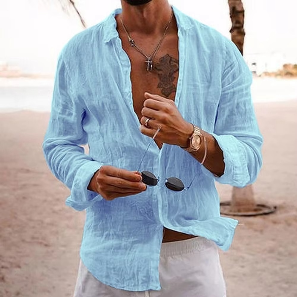 Men's white cotton linen casual shirt loose fit lightweight breathable everyday vacation wear
