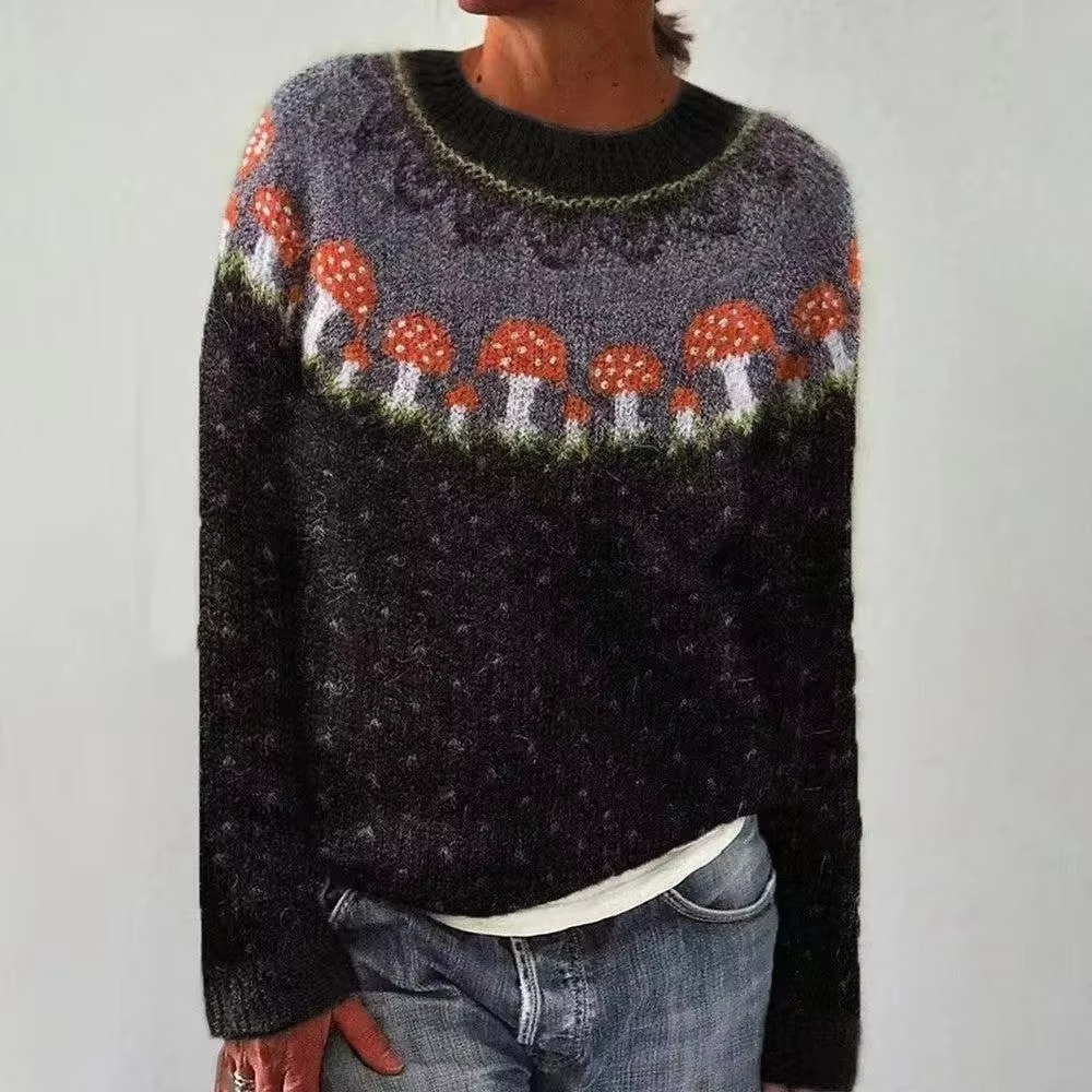 Colorblock loose fit women's knit top with round neck, full sleeves, and relaxed silhouette