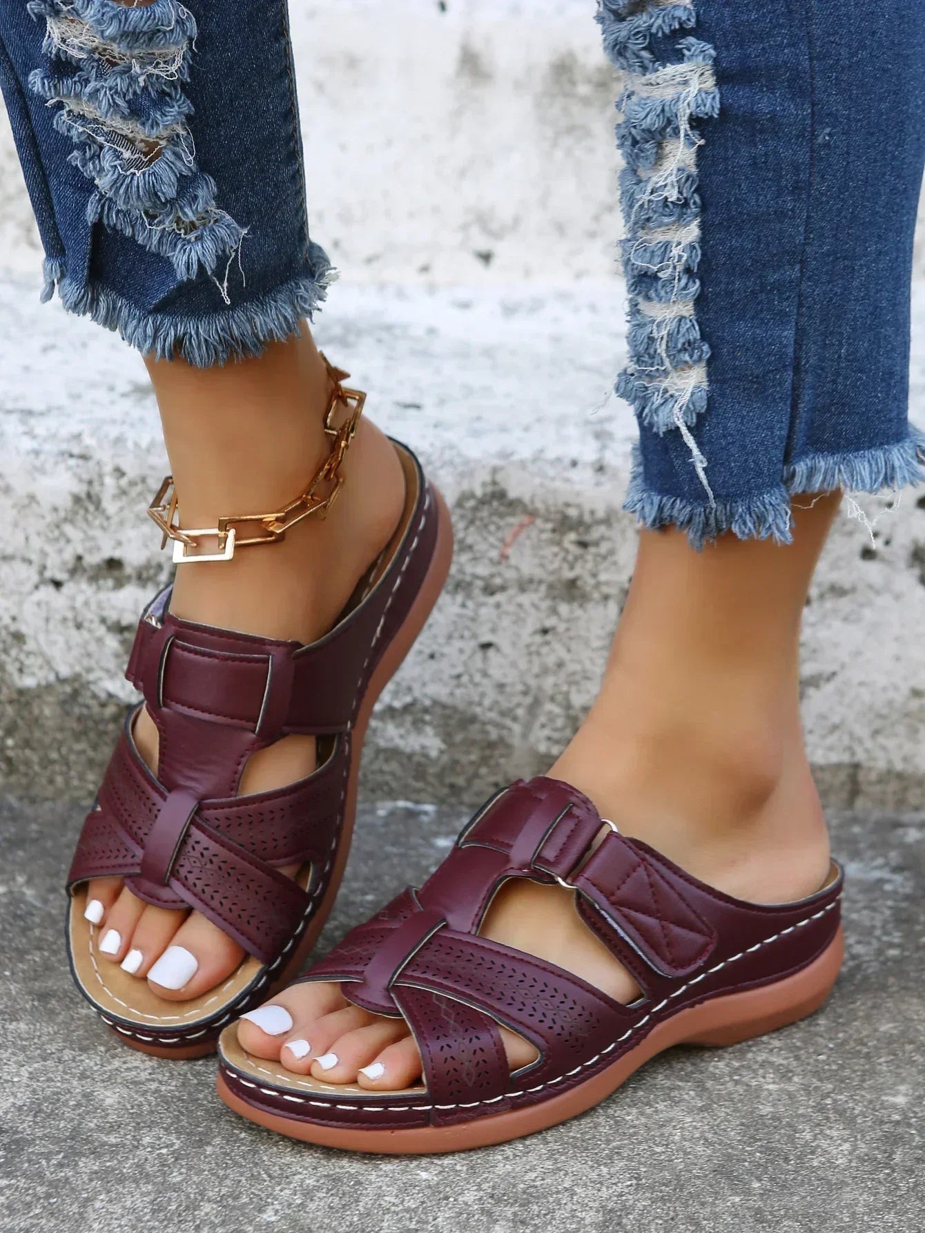 Women's comfort cushioned wedge sandals in neutral tones with contoured footbed and elegant lift
