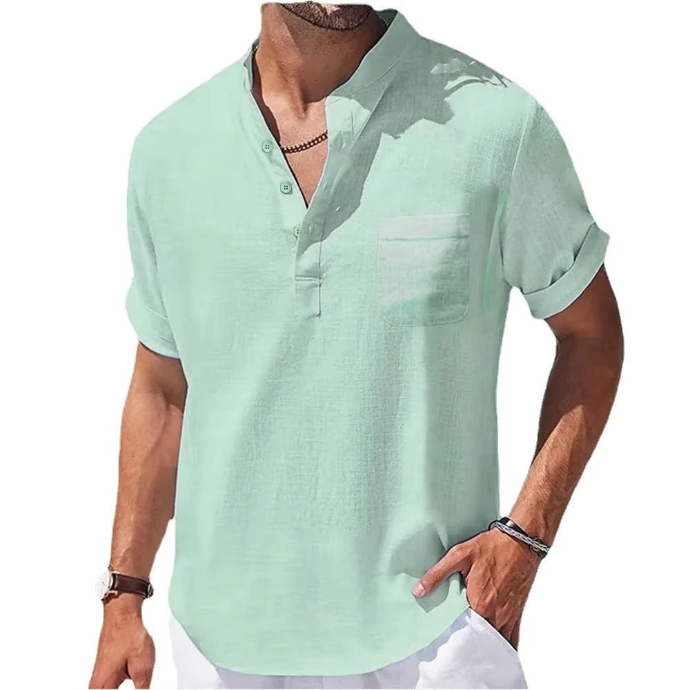 Navy men's cotton linen Henley shirt short sleeve casual lightweight breathable summer top