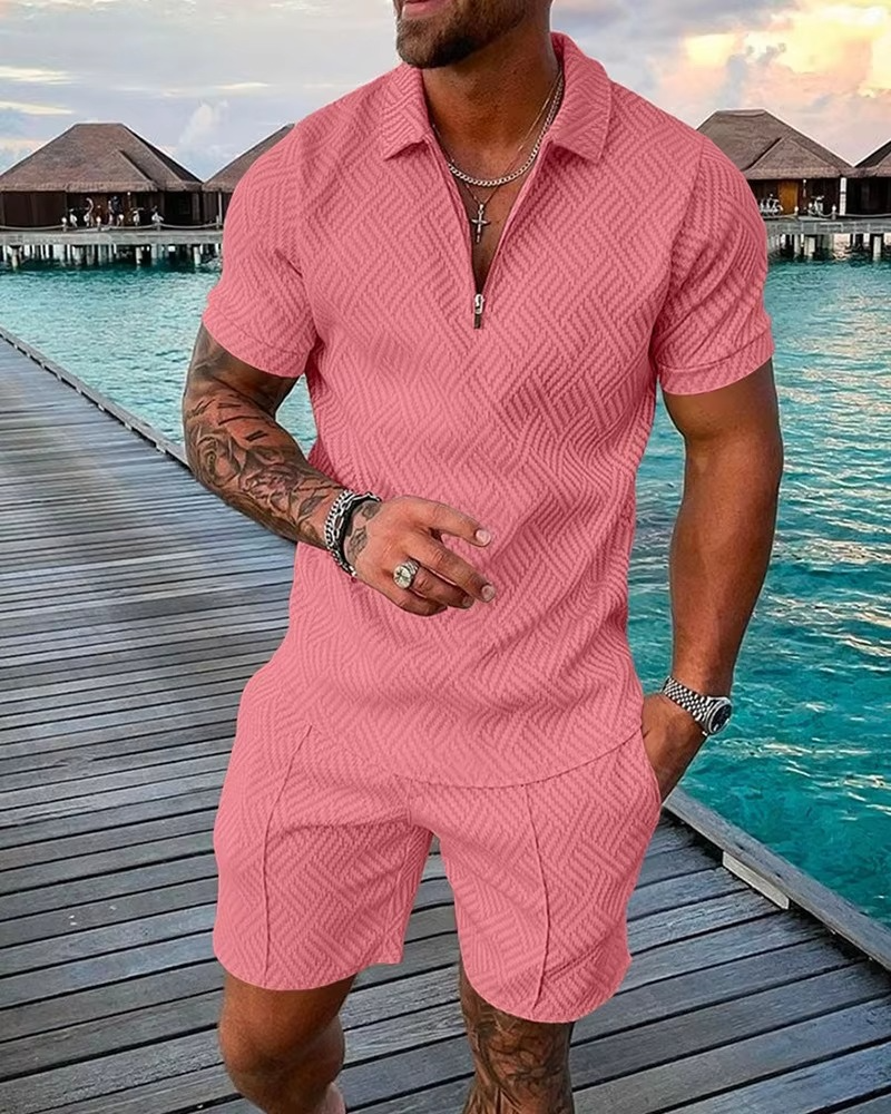 Men's Hawaiian polo and shorts matching set with 3D printed tropical streetwear pattern for summer