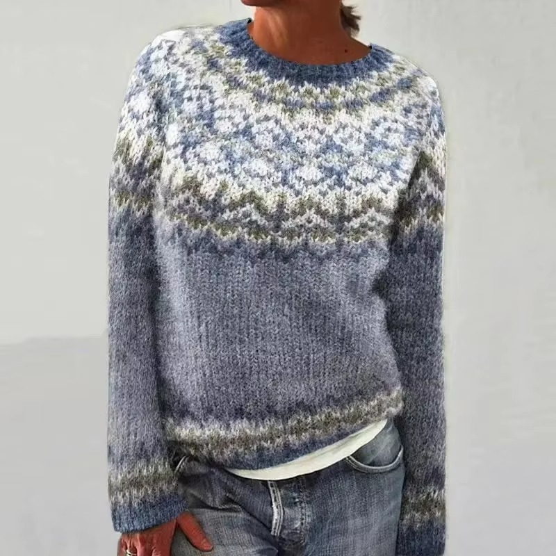 Color block loose fit women's knit top, round neck, full sleeves, multicolor relaxed silhouette
