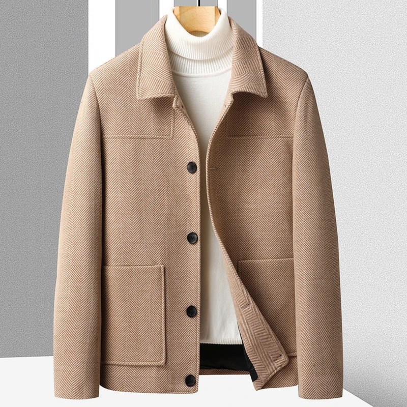 Gray herringbone short coat with tailored fit, turndown collar, and front patch pockets