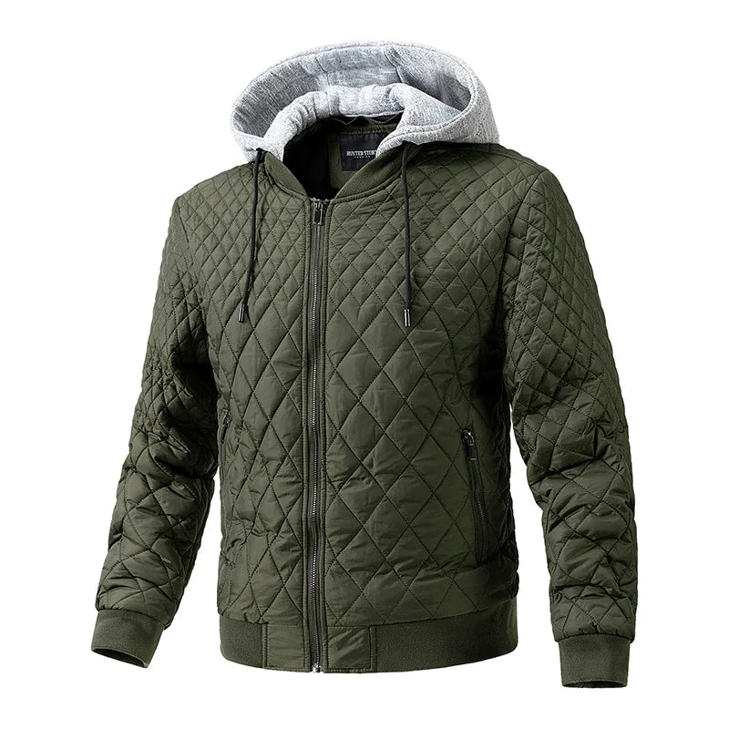 Black slim fit puffer jacket with ribbed sleeves, zipper pockets, and cotton padding for cold weather