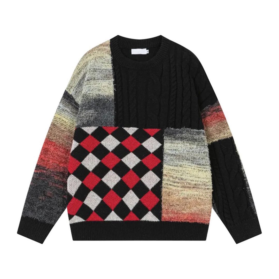 Red holiday knitted pullover sweater midweight wool cotton blend with festive Saint Nick design