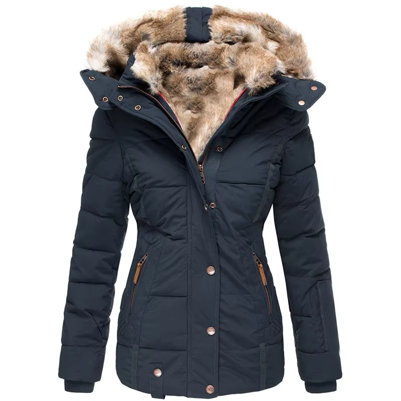 Women's slim-fit winter parka in wool-cotton blend with padded hood, wind-resistant warm coat