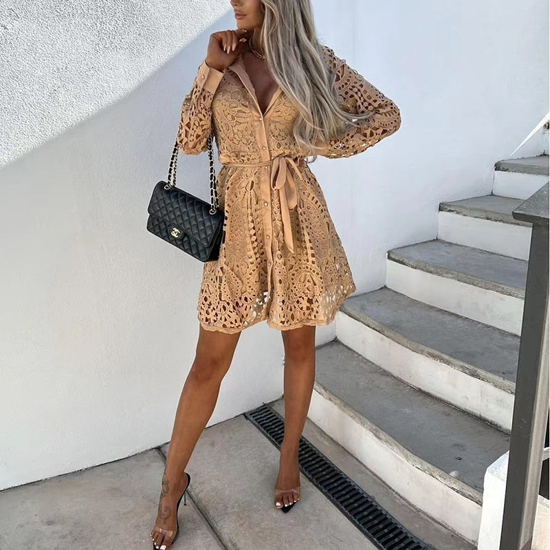 Women's white floral lace mini dress long sleeve V-neck with cinched belted waist