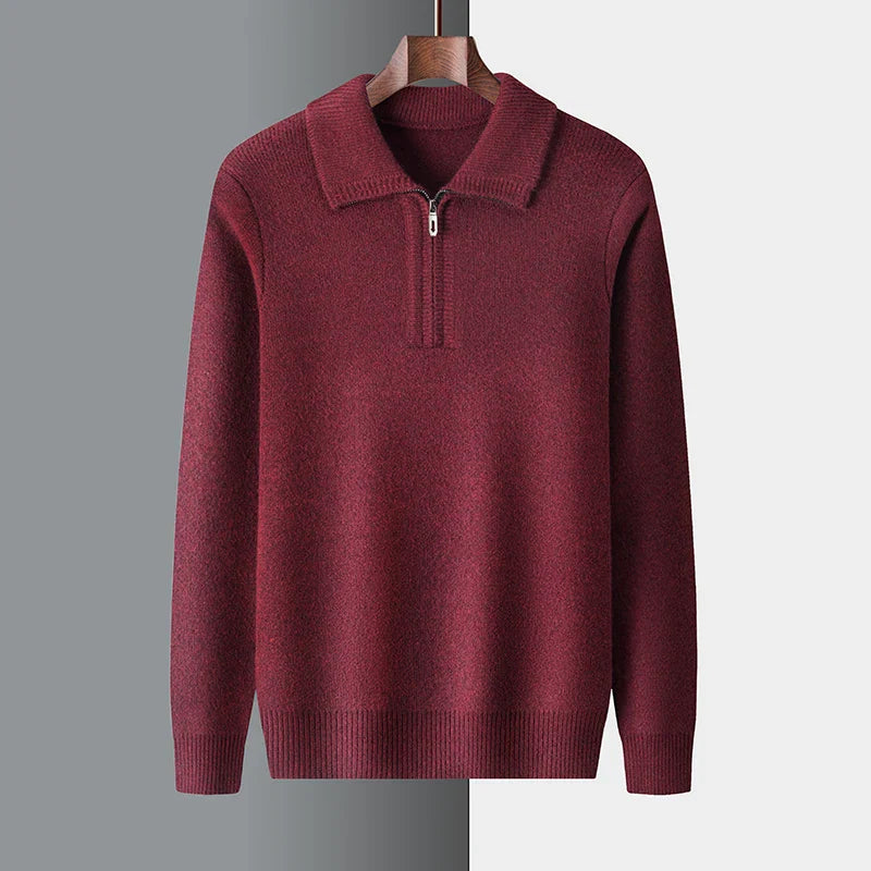 Men's wool quarter-zip pullover, ribbed collar and cuffs, smart-casual knit sweater by André Lucero