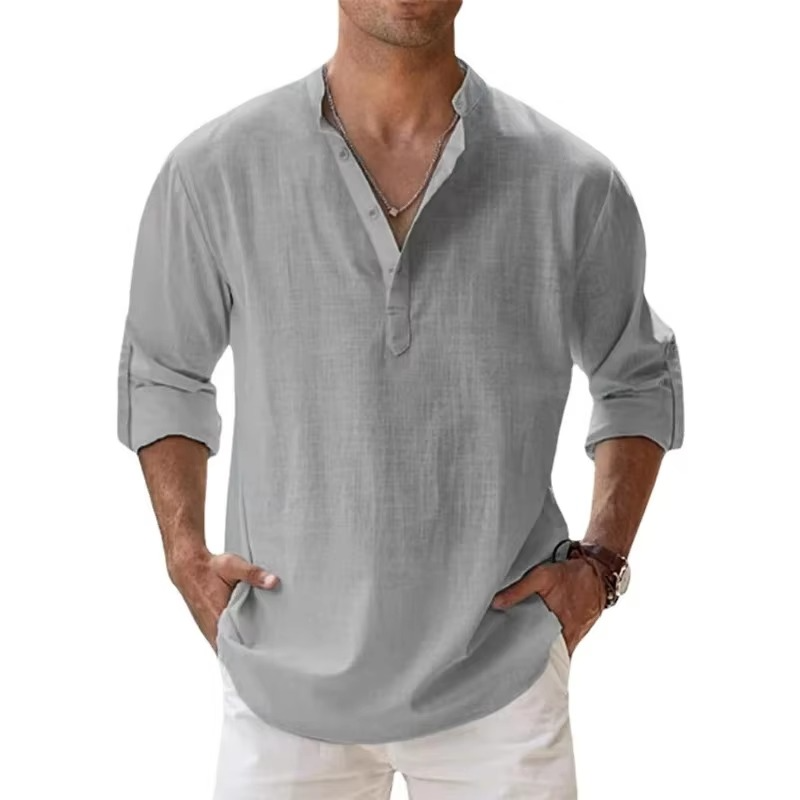 Men's beige cotton linen Henley shirt, long sleeve casual summer cut with 3-button placket